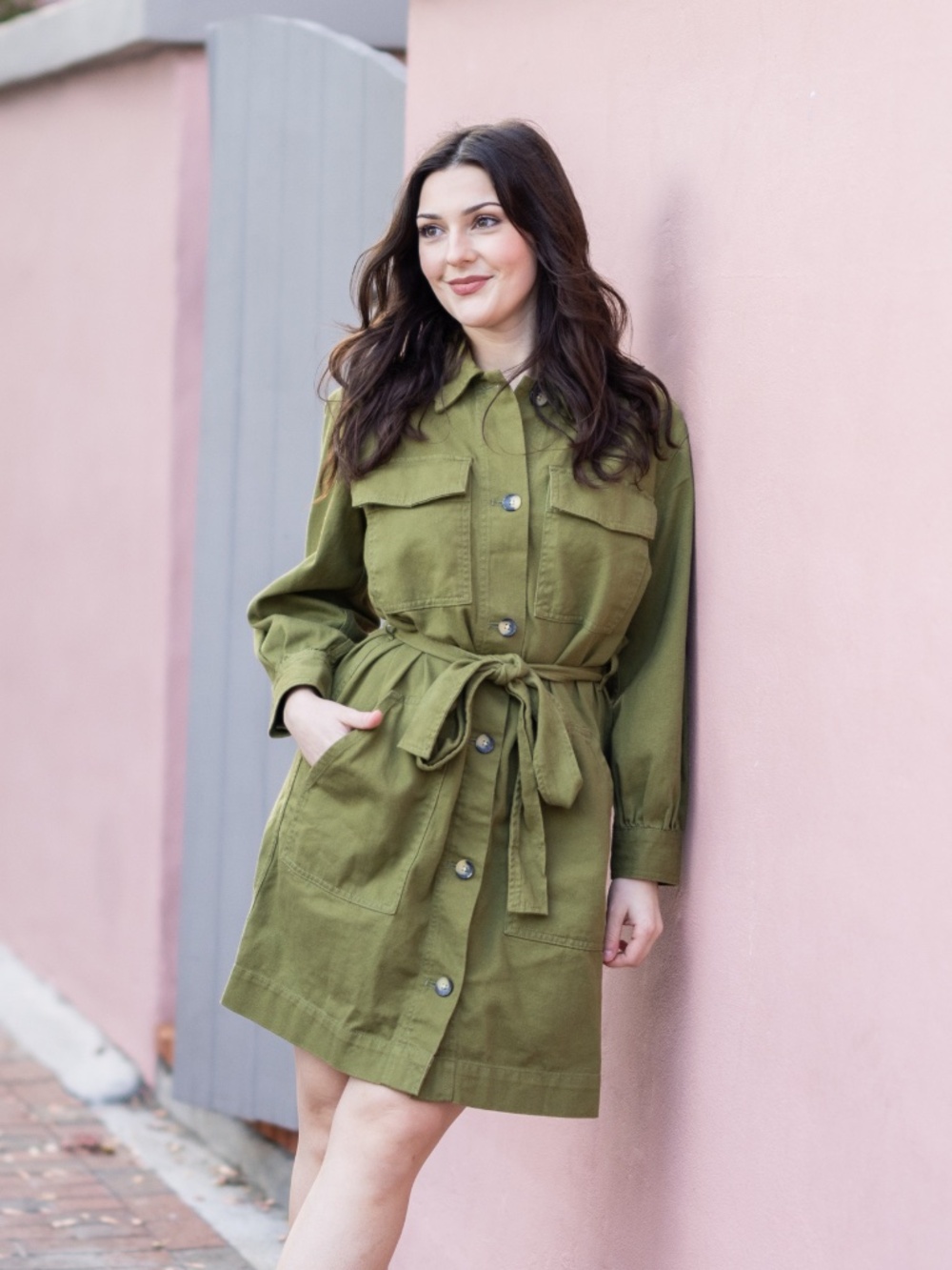 Free Assembly Olive Green Belted Utility Shirt Dress Size M